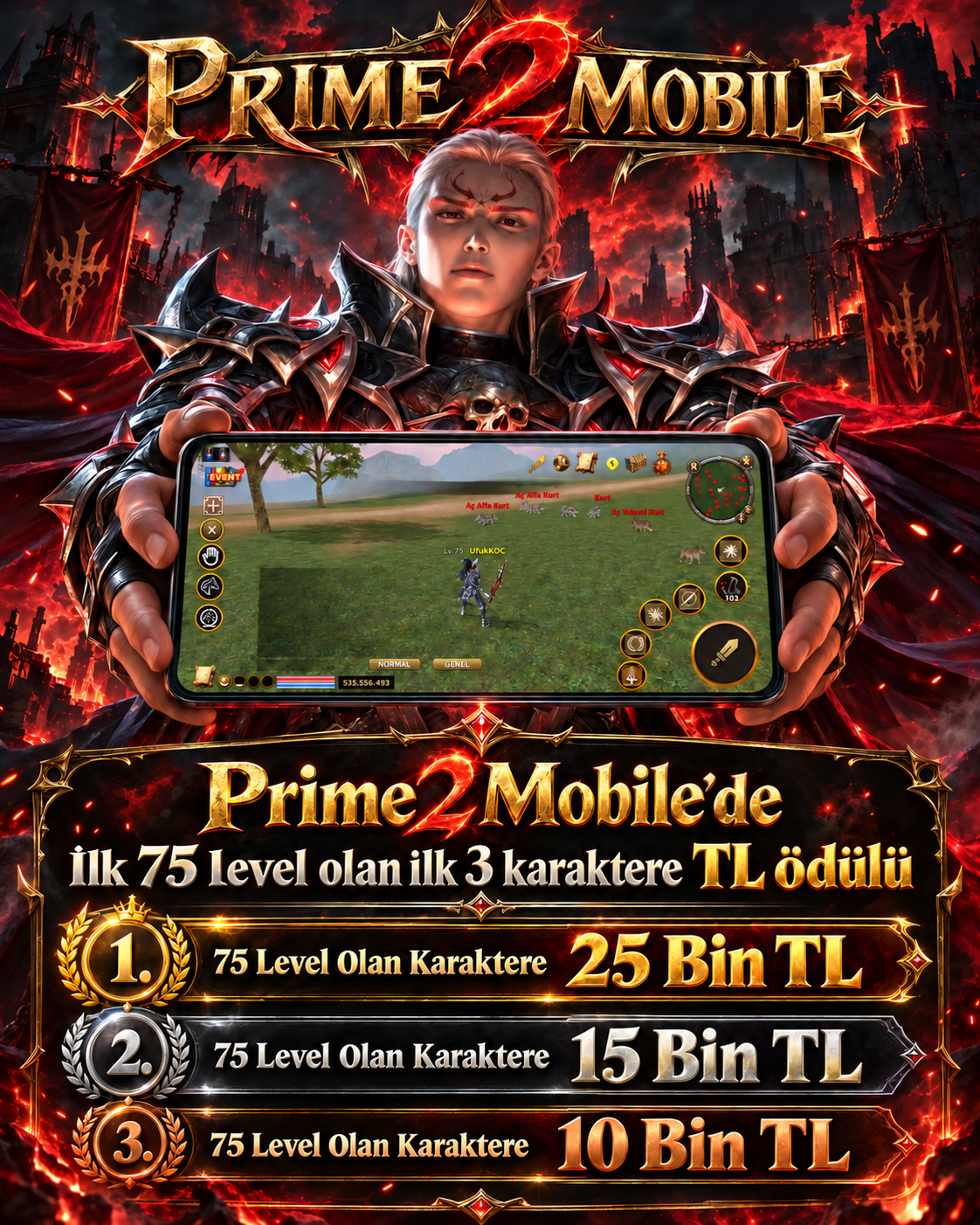 Prime2Mobile'de ilk 75 level olan üç karaktere ödül: birinciye 25 Bin TL, ikinciye 15 Bin TL, üçüncüye 10 Bin TL.